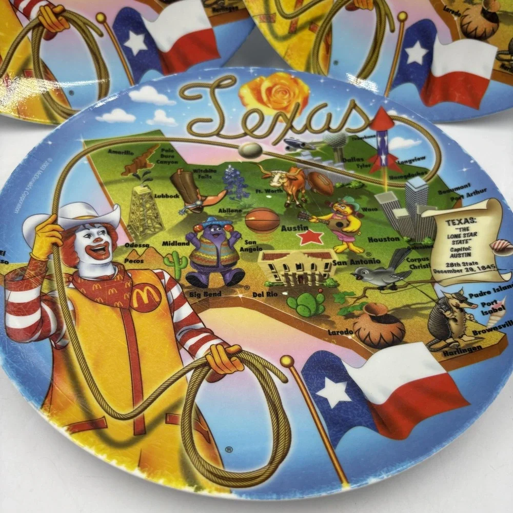 Vintage 2003 McDonald's Texas Map Ronald McDonald Colorful Plastic Plates Set 3‎